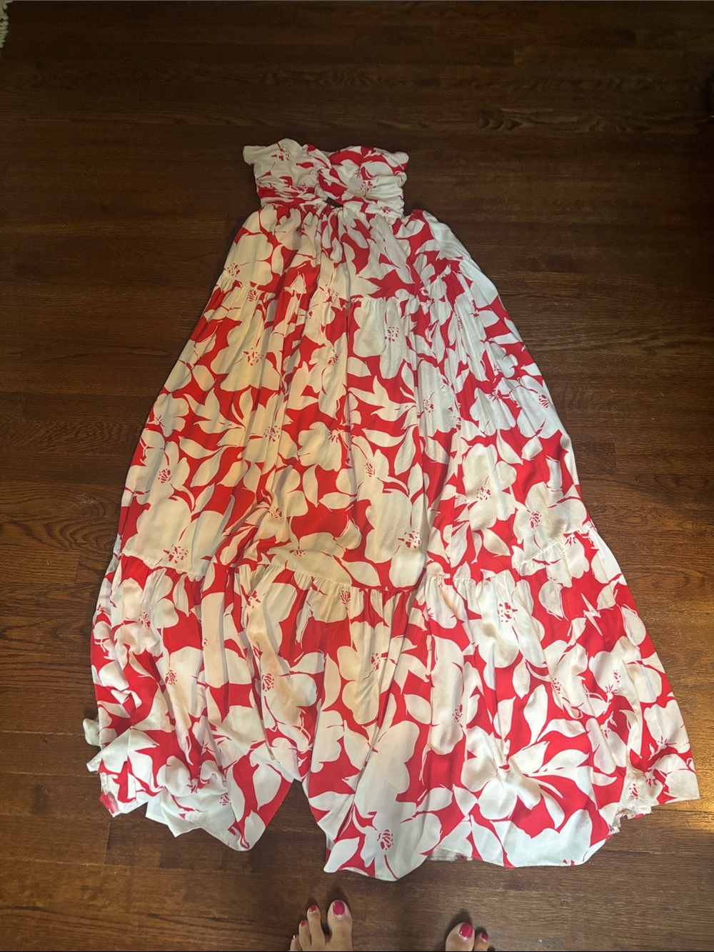 Red & White Floral Strapless Maxi Dress